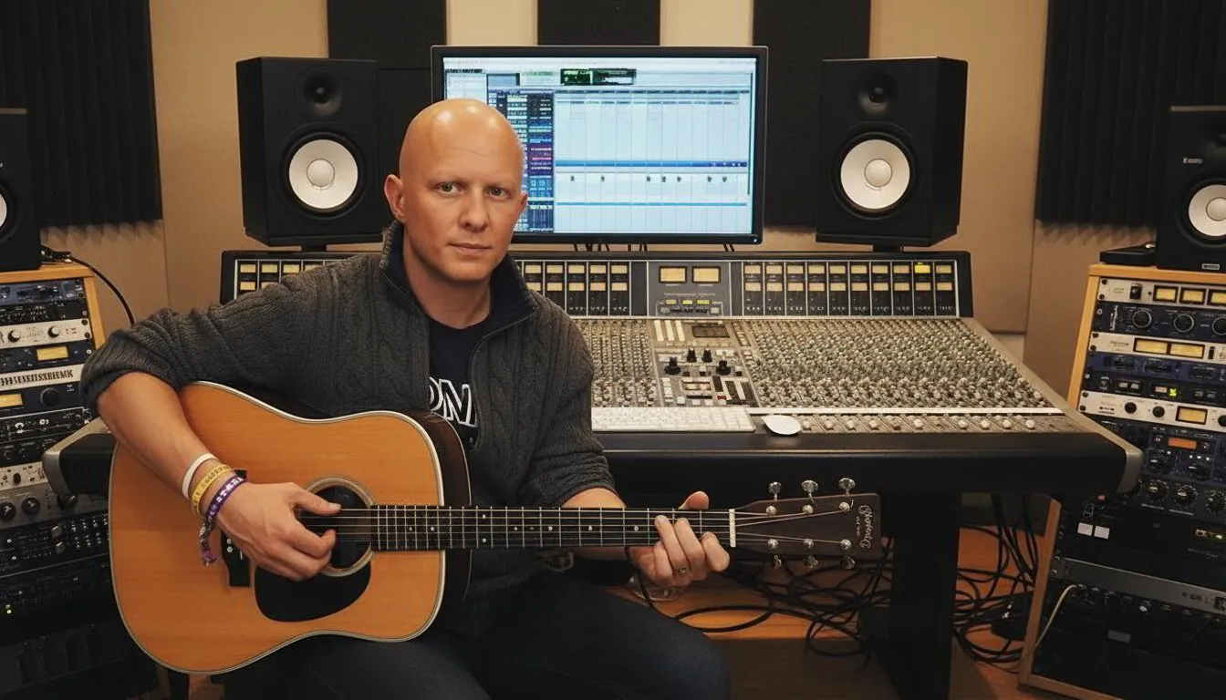 Max in the studio with an acoustic guitar
