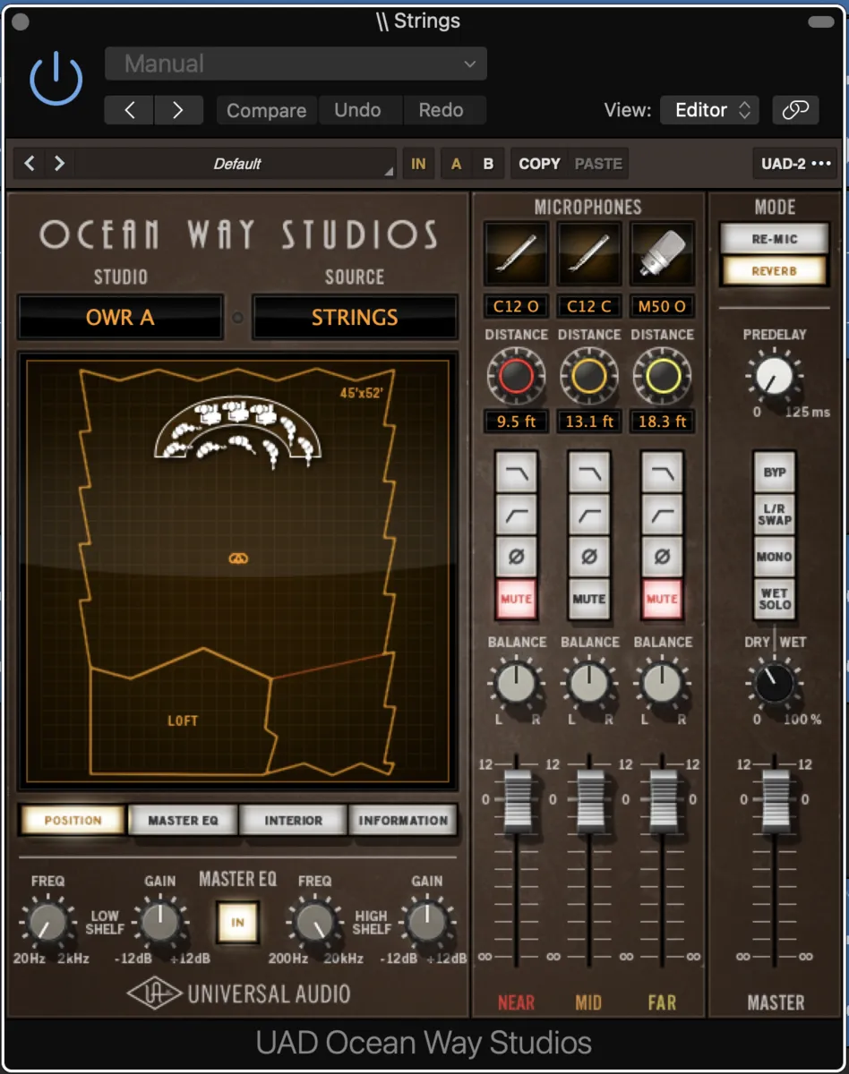 Ocean Way Studio plug-in screenshot used to place the string stem in a room