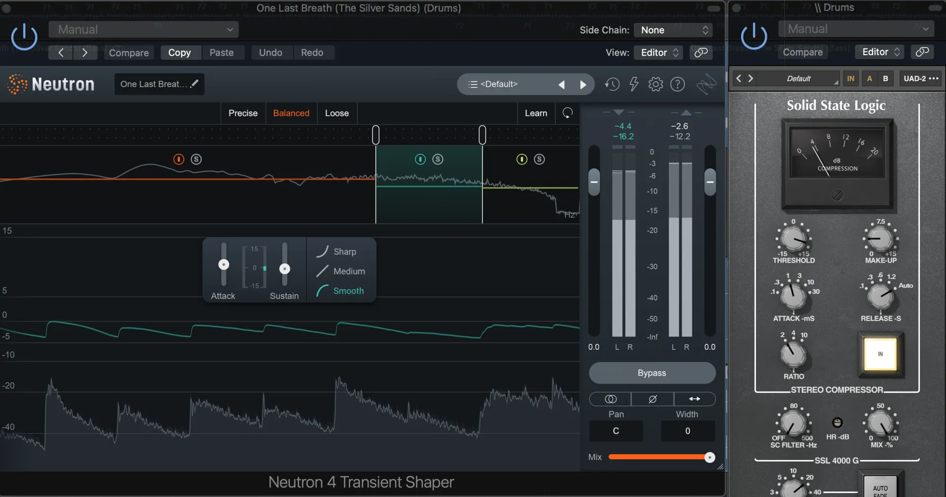 iZotope Neutron 4 transient designer screenshot used on the drum stem